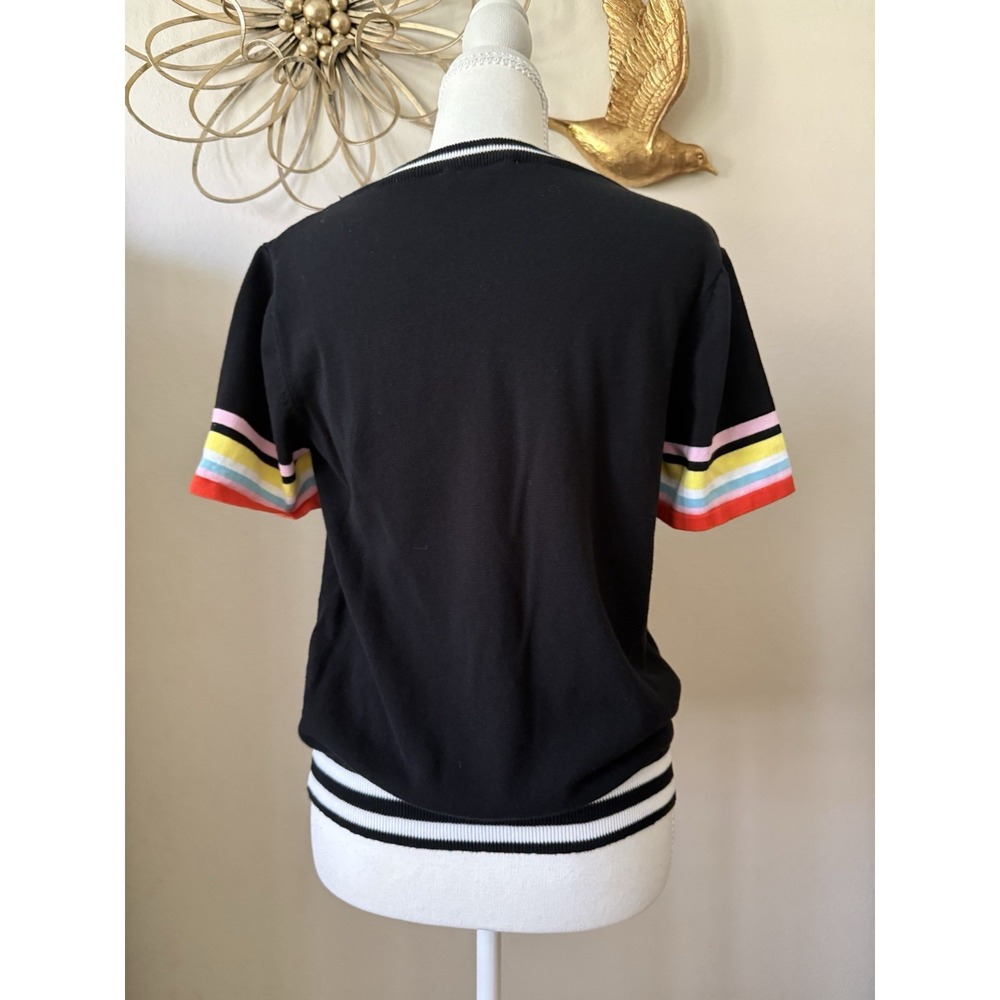 THML Black Knit Sweater Top Rainbow Stripe Sleeve Cuffs Women's Small Preppy - Picture 4 of 9